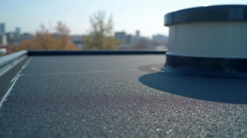 Close-up of granulated modified bitumen flat roofing surface with parapet and roof drain