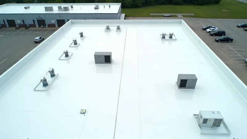 Aerial view of a commercial building with white TPO single-ply membrane roofing system